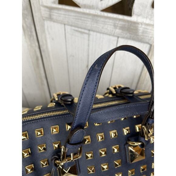 Michael Kors Navy Blue Leather Gold Studded Grayson Satchel Top Handle - Picture 9 of 12